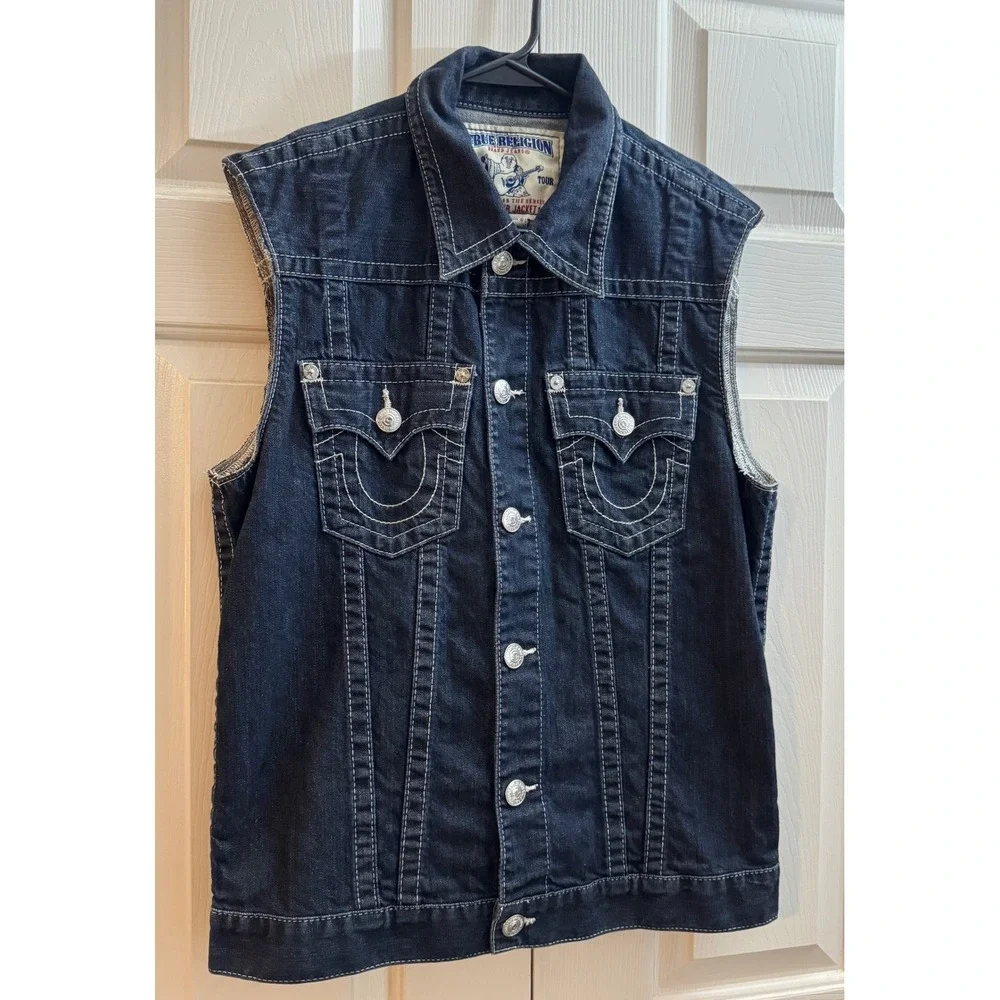 True Religion World Tour Denim Trucker Vest Dark Wash Horseshoe Pocket Y2K Biker